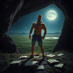 A muscular man standing in a cave illuminated by the soft glow of stars, exuding strength and confidence