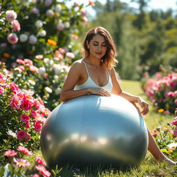 A woman sitting on a deflated silver yoga ball in a lush garden filled with blooming flowers and greenery