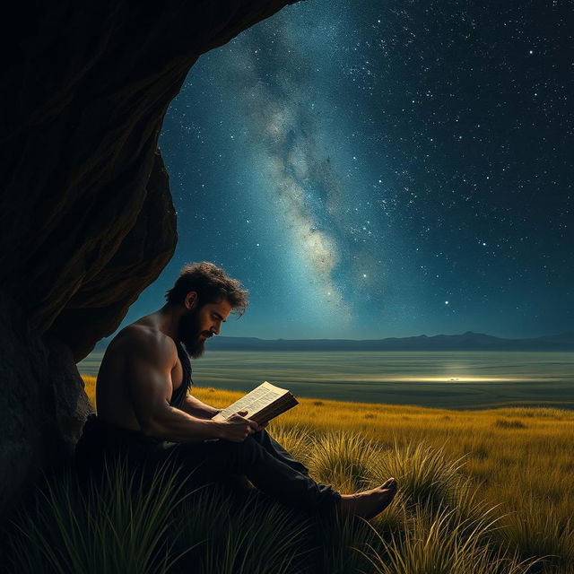 A rugged, masculine figure deeply engrossed in reading an ancient book while seated at the entrance of a dimly lit cave