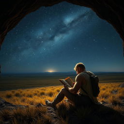 A rugged, masculine figure deeply engrossed in reading an ancient book while seated at the entrance of a dimly lit cave