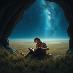 A rugged, masculine figure deeply engrossed in reading an ancient book while seated at the entrance of a dimly lit cave