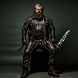 A bearded, rough-faced kidnapper commander, armed with a silver sword, wearing a bulletproof vest hidden under a leather jacket, with matching leather pants and boots.