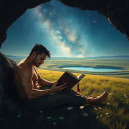 A rugged Asian man with a masculine physique is deeply engrossed in an ancient book, seated near the entrance of a shadowy cave