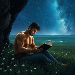 A rugged Asian man with a masculine physique is deeply engrossed in an ancient book, seated near the entrance of a shadowy cave