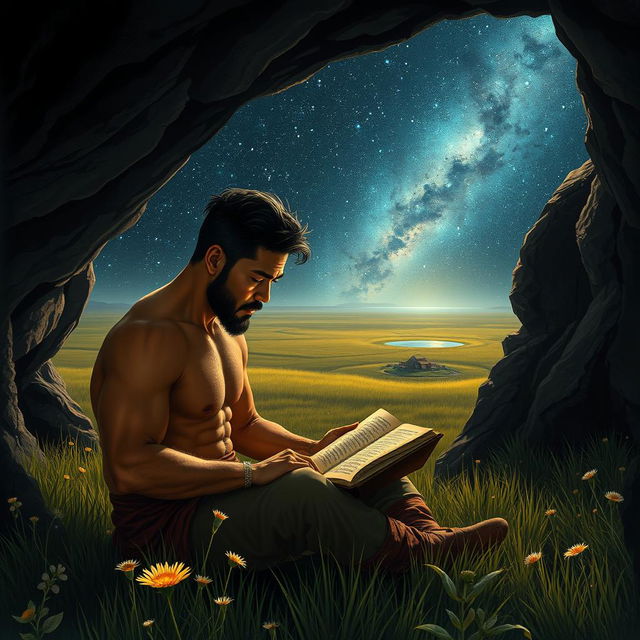 A rugged Asian man with a masculine physique is deeply engrossed in an ancient book, seated near the entrance of a shadowy cave