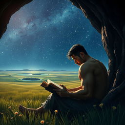 A rugged Asian man with a masculine physique is deeply engrossed in an ancient book, seated near the entrance of a shadowy cave