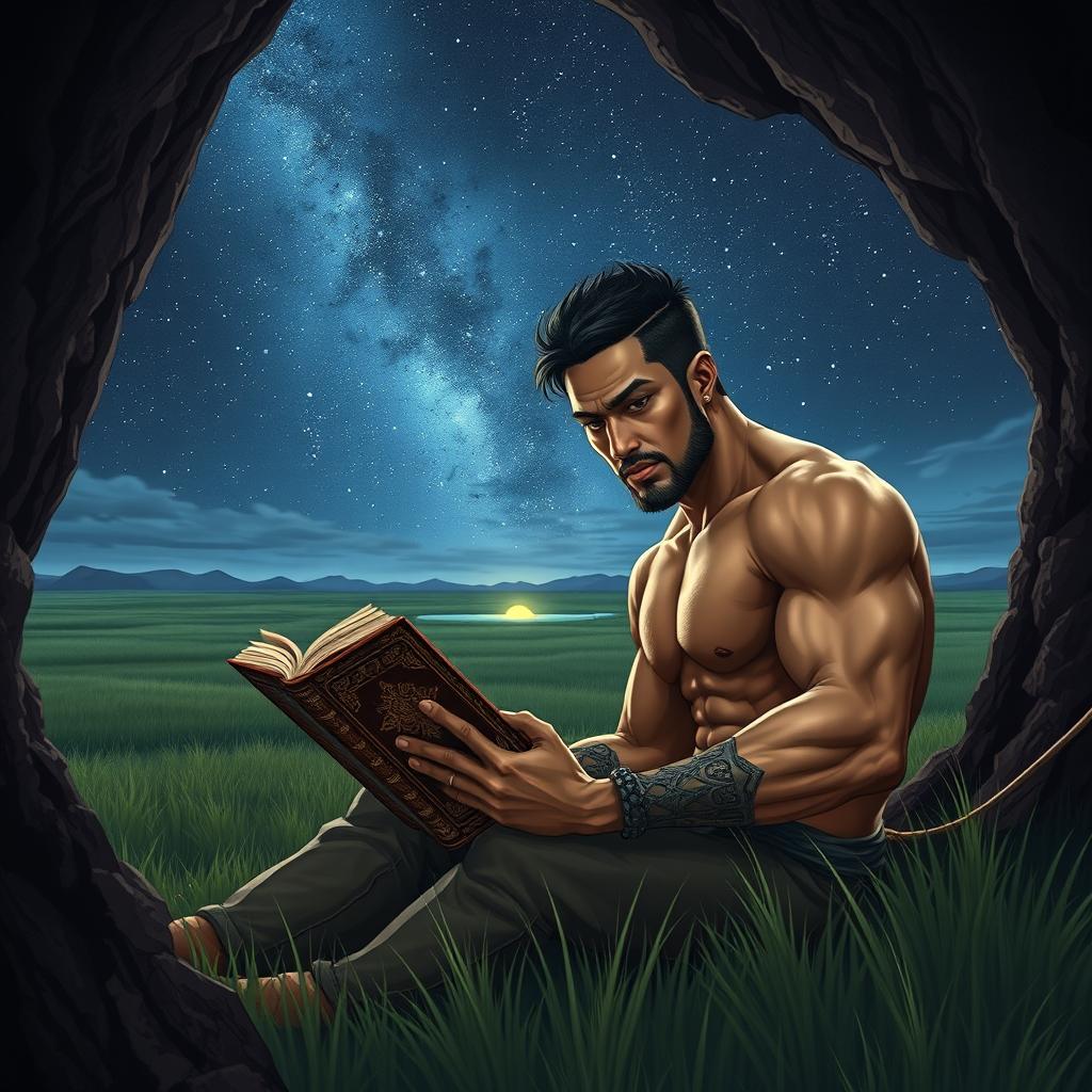 A rugged Asian masculine figure with defined muscles and a serious expression, deeply focused on reading an ancient, ornate book