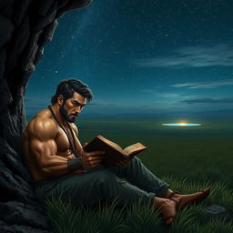 A rugged Asian masculine figure with defined muscles and a serious expression, deeply focused on reading an ancient, ornate book