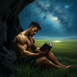 A rugged Asian masculine figure with defined muscles and a serious expression, deeply focused on reading an ancient, ornate book