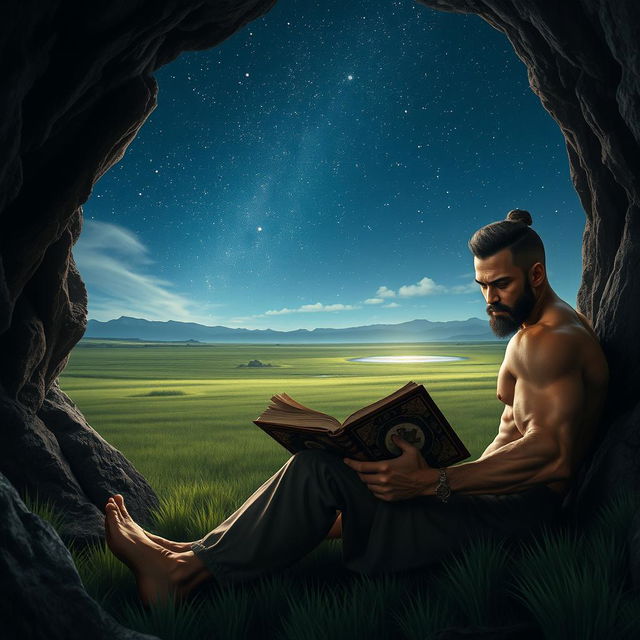 A rugged Asian masculine figure with defined muscles and a serious expression, deeply focused on reading an ancient, ornate book