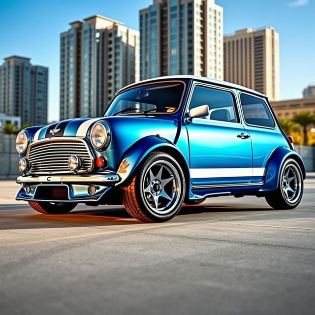 A unique Mini Cooper transformed with a Shelby Super Snake kit, showcasing a sporty and aggressive design