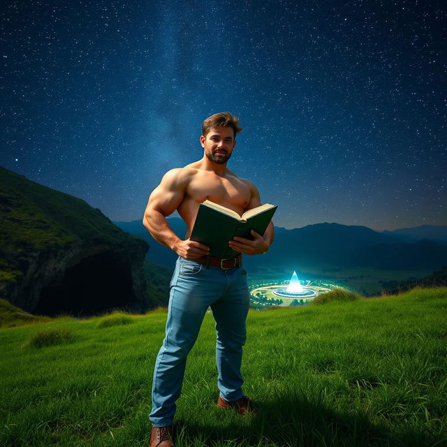 A strong man with a muscular build holds an open book in one hand, standing confidently on a lush grassy field under a brilliant night sky filled with countless stars