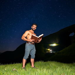 A strong man with a muscular build holds an open book in one hand, standing confidently on a lush grassy field under a brilliant night sky filled with countless stars