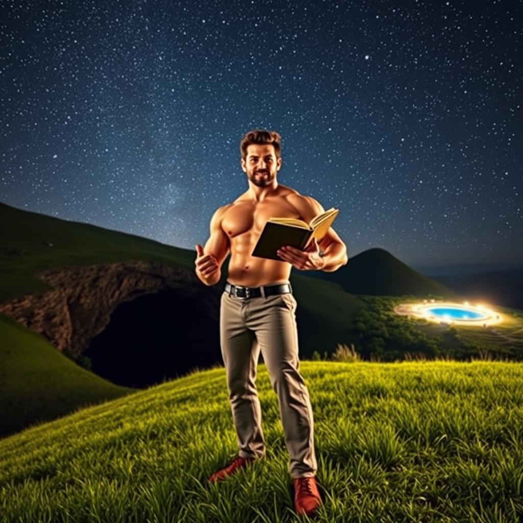 A strong man with a muscular build holds an open book in one hand, standing confidently on a lush grassy field under a brilliant night sky filled with countless stars