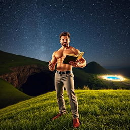 A strong man with a muscular build holds an open book in one hand, standing confidently on a lush grassy field under a brilliant night sky filled with countless stars