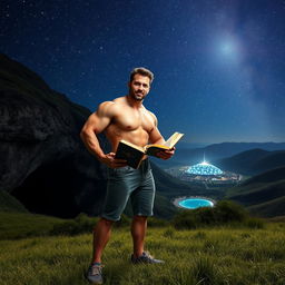 A strong man with a muscular build holds an open book in one hand, standing confidently on a lush grassy field under a brilliant night sky filled with countless stars