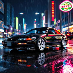 A sleek 1994 Honda Accord coupe, beautifully tuned, featuring a glossy black exterior with striking white wheels