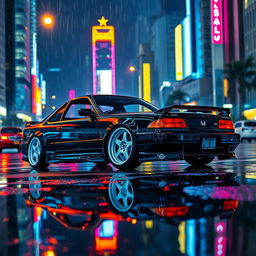 A sleek 1994 Honda Accord coupe, beautifully tuned, featuring a glossy black exterior with striking white wheels