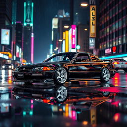 A sleek 1994 Honda Accord coupe, beautifully tuned, featuring a glossy black exterior with striking white wheels