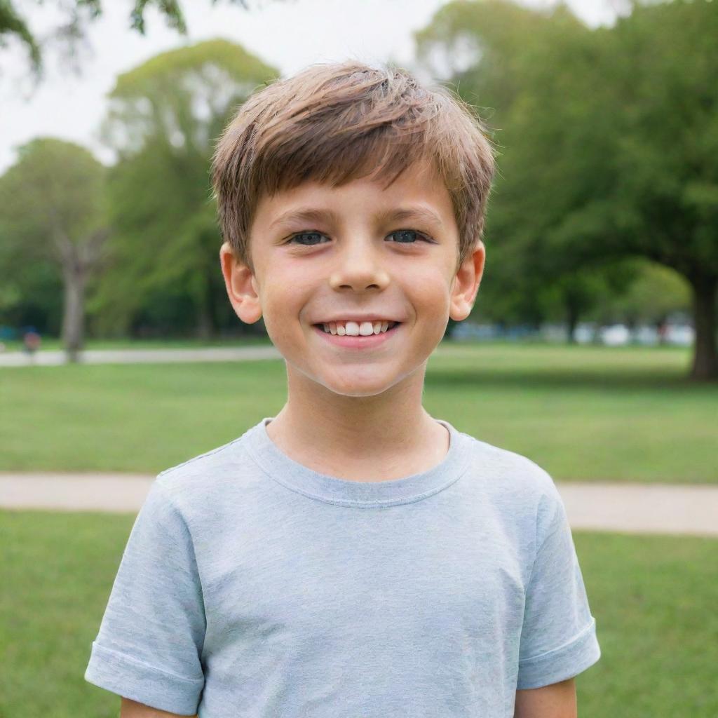 A young boy with bright, curious eyes and a broad smile, wearing casual clothing, standing against a backdrop of a vibrant park.