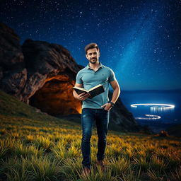 A masculine man confidently standing on a vibrant grassy field, holding an open book in one hand