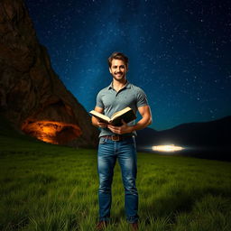 A masculine man confidently standing on a vibrant grassy field, holding an open book in one hand