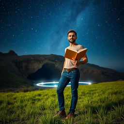 A masculine man confidently standing on a vibrant grassy field, holding an open book in one hand