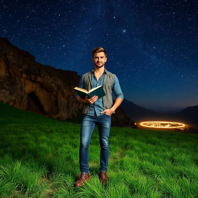 A masculine man confidently standing on a vibrant grassy field, holding an open book in one hand