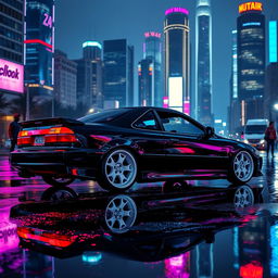 A captivating scene featuring a 1994 Honda Accord coupe, expertly tuned and painted in a sleek black finish, showcasing striking white wheels