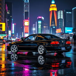 A captivating scene featuring a 1994 Honda Accord coupe, expertly tuned and painted in a sleek black finish, showcasing striking white wheels