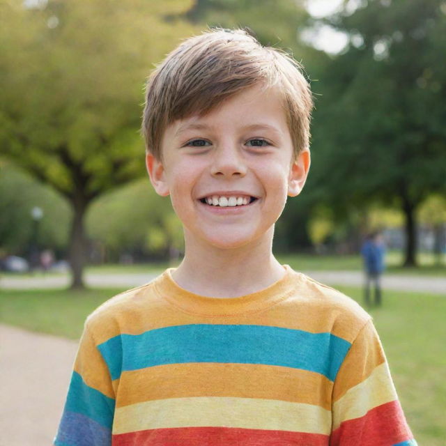 A young boy with bright, curious eyes and a broad smile, wearing casual clothing, standing against a backdrop of a vibrant park.