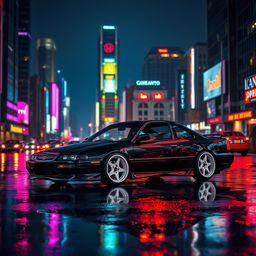 A captivating scene featuring a 1994 Honda Accord coupe, expertly tuned and painted in a sleek black finish, showcasing striking white wheels