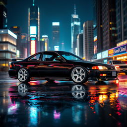 A captivating scene featuring a 1994 Honda Accord coupe, expertly tuned and painted in a sleek black finish, showcasing striking white wheels