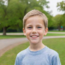 A young boy with bright, curious eyes and a broad smile, wearing casual clothing, standing against a backdrop of a vibrant park.