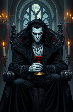 A striking depiction of a vampire king seated regally on a gothic throne, adorned in luxurious, dark velvets and silks with intricate detailing