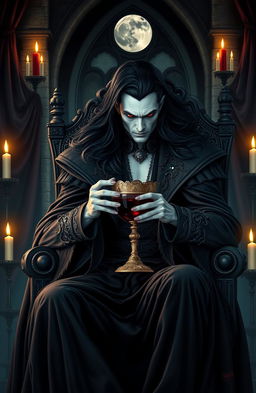 A striking depiction of a vampire king seated regally on a gothic throne, adorned in luxurious, dark velvets and silks with intricate detailing