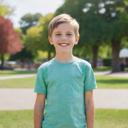 A young boy with bright, curious eyes and a broad smile, wearing casual clothing, standing against a backdrop of a vibrant park.