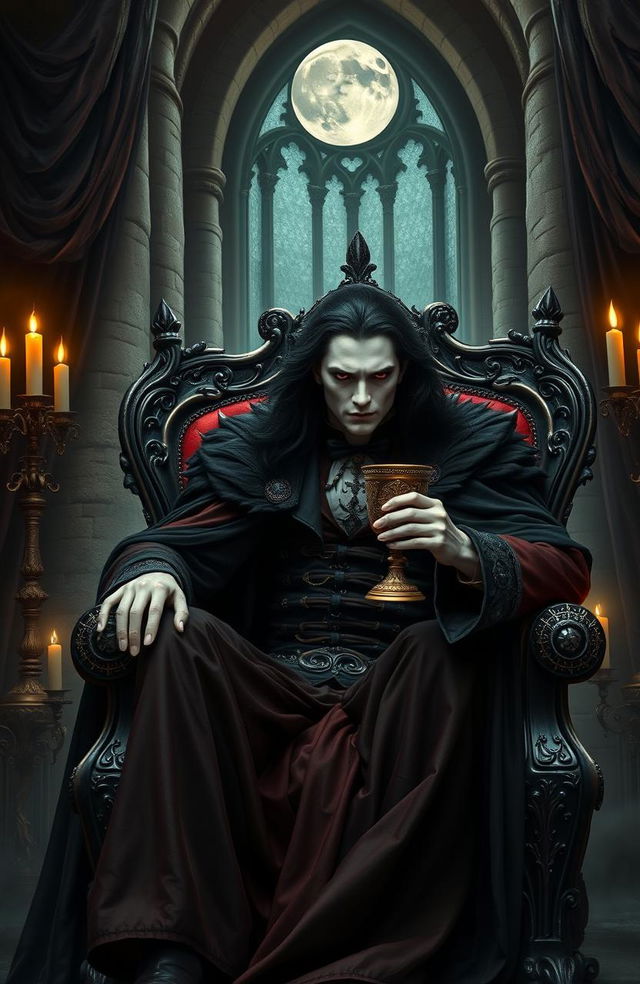 A striking depiction of a vampire king seated regally on a gothic throne, adorned in luxurious, dark velvets and silks with intricate detailing