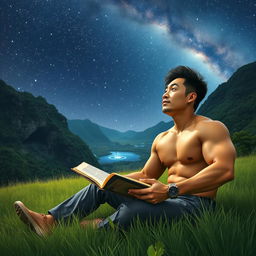 A strong, masculine Asian man sits in a grassy field, holding an open book in one hand