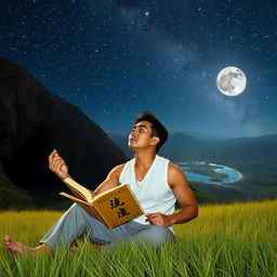 A strong, masculine Asian man sits in a grassy field, holding an open book in one hand