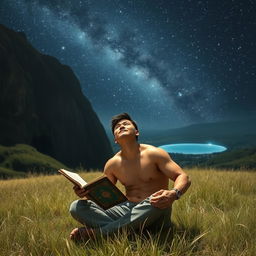 A strong, masculine Asian man sits in a grassy field, holding an open book in one hand