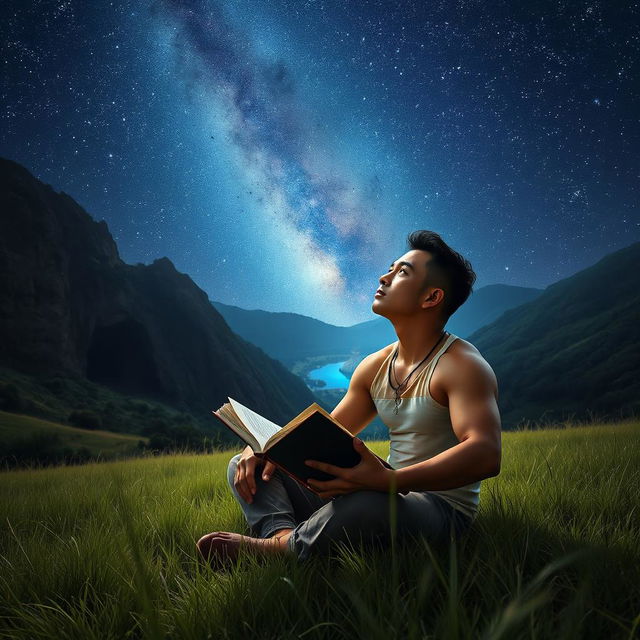 A strong, masculine Asian man sits in a grassy field, holding an open book in one hand