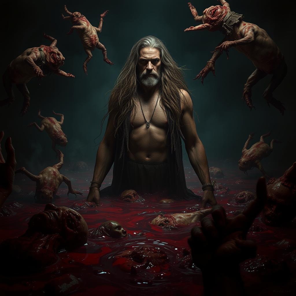 A tall man with long, flowing hair emerges from a sea of blood, his expression a mix of determination and resilience