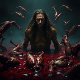 A tall man with long, flowing hair emerges from a sea of blood, his expression a mix of determination and resilience