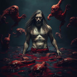 A tall man with long, flowing hair emerges from a sea of blood, his expression a mix of determination and resilience