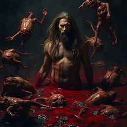 A tall man with long, flowing hair emerges from a sea of blood, his expression a mix of determination and resilience