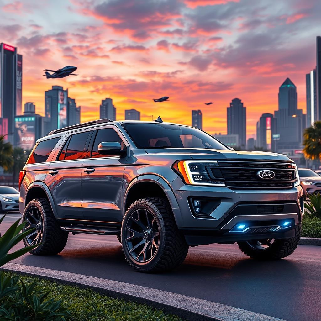 A futuristic Ford Expedition Tremor from the year 2050, showcasing advanced design elements and sleek aerodynamic lines