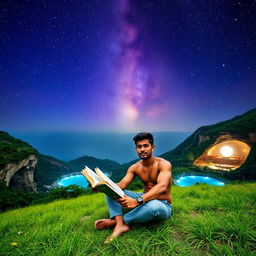 A masculine Indonesian man sitting on a grassy field, holding an open book in one hand