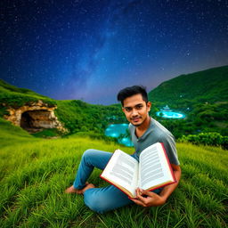 A masculine Indonesian man sitting on a grassy field, holding an open book in one hand