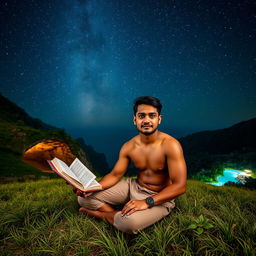 A masculine Indonesian man sitting on a grassy field, holding an open book in one hand
